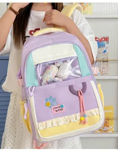Cute Japanese style kawaii pastel school backpack with clear window, lace and sweet design.