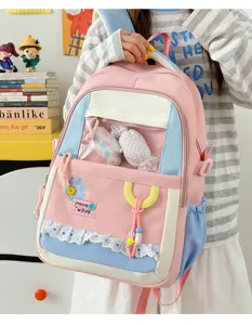 Cute pastel ita backpack detail view with transparent front window, sweet lace trim and charms.