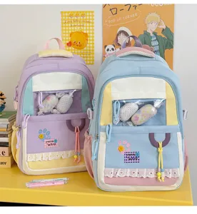 Cute Japanese ins style large capacity school backpack with lace trim and transparent pocket.