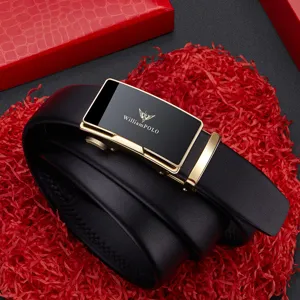 Men's leather automatic buckle belt stylish black business belt with golden metal buckle