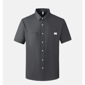 Men's dark grey short sleeve button down shirt casual business solid color summer top