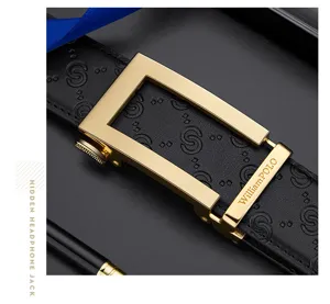 Men's luxury leather automatic buckle belt detail shot, premium black cowhide with stylish metal.