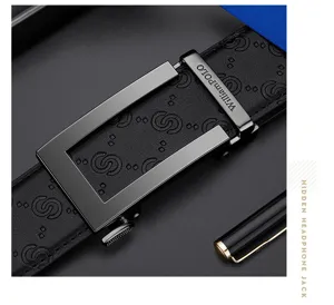 Close-up detail of the premium metal automatic buckle and textured leather strap.