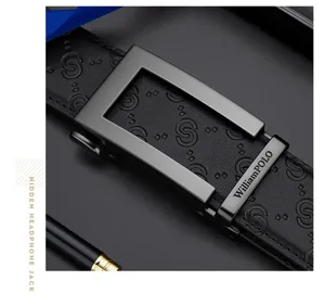 Men's leather belt detail, automatic alloy buckle, embossed cowhide strap with exquisite style.