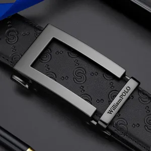 Mens Genuine Leather Automatic Buckle Belt Business Casual Embossed Cowhide Waistband With Alloy Metal Buckle