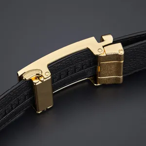 Men's luxury automatic buckle leather belt featuring a sleek gold alloy closure and textured black strap.