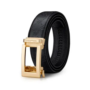 Men's automatic buckle leather belt, stylish business casual cowhide waist belt with gold buckle.
