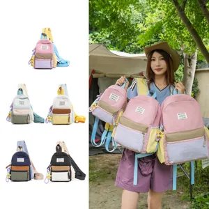Outdoor multi-pocket casual backpack detail showing stylish color-block design and compartments.