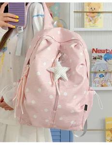 Roze stippen rugzak voor dames, grote casual schooltas met sterrenhanger en mooi ontwerp.