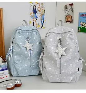Chique polkadot rugzak voor studenten met sterhanger, grote casual dagrugzak in blauw en grijs.