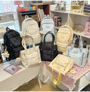 Japanese style cute student backpack and tote bag set, fresh multi-color casual school bag for girls.