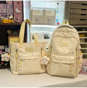 Japanese style cute canvas school backpack and tote bag set with colorful star for students