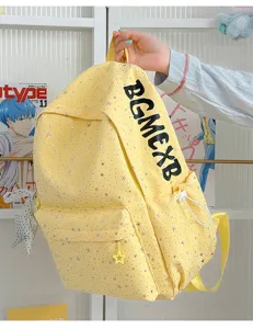 Gelber Rucksack mit Sternenmuster Detailansicht, großer Kapazität lässiger Tagesrucksack für Schule.