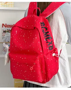 Roter Rucksack mit Sternenmuster fuer Damen Schultasche Freizeittasche Detailansicht