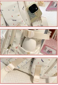 Detail shot of white cute star print school backpack with multiple pockets and adjustable straps.