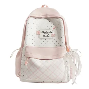 Pink polka dot student backpack cute bow casual book bag for girls sweet daily use