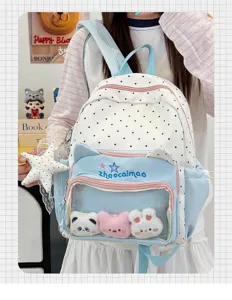 Cute star cat ita backpack detail showing transparent front pocket and plush toy charms.