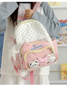 Cute cat ear canvas backpack with transparent pain bag pocket, stylish student school bag.