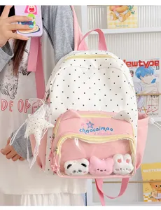 Cute polka dot cat ear backpack ita bag with transparent window, plush toys and star pendant.