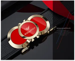 Detailed view of the luxury red leather men's belt with a metallic gold and red buckle.