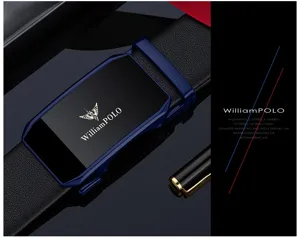 Cintura in vera pelle WilliamPOLO da uomo con elegante fibbia automatica blu per lavoro casual.
