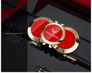 WilliamPOLO men's genuine leather belt with stylish gold and red automatic buckle gift.