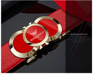 Detail shot of red genuine leather men's belt featuring a luxury gold automatic buckle with logo.
