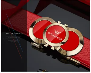 Red genuine leather men's belt with stylish gold and red automatic buckle for gifts.