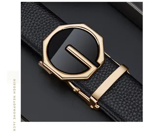 Close-up detail of luxury men's automatic leather belt with stylish gold octagonal buckle.