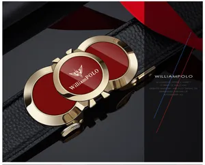 Detailed shot of men's genuine leather belt with gold and red automatic metal buckle.