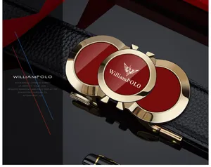 Men's leather belt detail, red and gold automatic buckle, premium luxury business style.