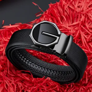 Men's Automatic Buckle Leather Belt Business Casual Top Layer Cowhide Waistband Gold Gunmetal Metal Ratchet Belt