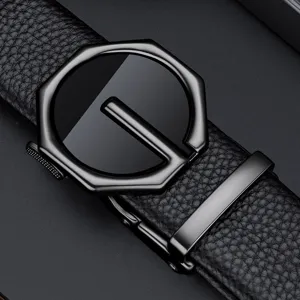 Luxury men's leather belt featuring a sleek automatic metal buckle and premium cowhide strap.