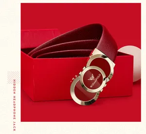 William Polo men red genuine leather belt with gold buckle luxury gift box packaging.