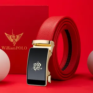 Herren Ledergürtel rot mit goldener Automatikschließe und Drachenmotiv als Neujahrsgeschenk