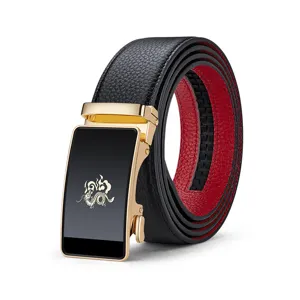 Herren Automatik-Gürtel Leder schwarz rot Drachen Design elegante Taille Hosenriemen