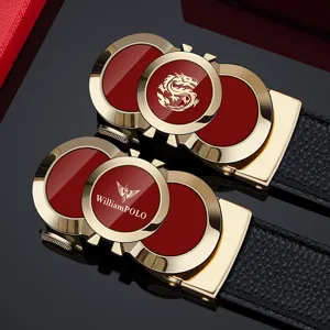 Men's leather dress belt with automatic red gold buckle and dragon luxury design gift.