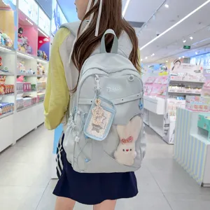 Casual Nylon Backpack For Women Large Capacity School Bag Cute Ita Bag With Transparent Window And Pendants