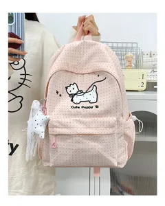Japanese style cute polka dot pink school backpack with puppy graphic for students.