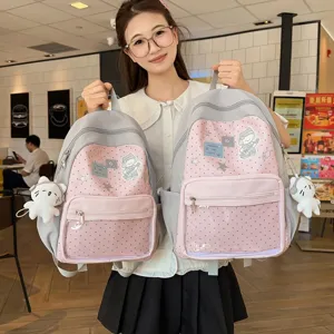 Sac à Dos d'École en Nylon Décontracté pour Femmes et Filles avec Design Color-Block Mignon et Poche Transparente