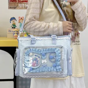Cute blue polka dot lace ita bag with transparent window, perfect for anime fans and daily use.