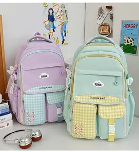 Sac à dos scolaire style dopamine mignon avec grande poche à carreaux pour les étudiants.