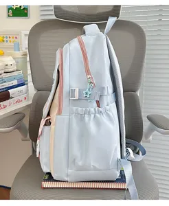 Joli sac à dos scolaire bleu pastel avec zips roses pour filles, grand sac de loisirs quotidien