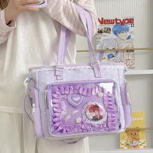 Kawasaki large capacity purple polka dot ita bag with transparent front pocket and cute lace ruffles.