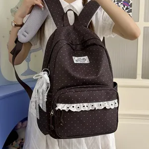 Korean style polka dot school backpack with sweet lace ruffle and cute pearl pendant for teens.