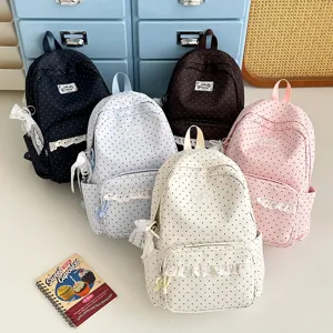 Korean style sweet polka dot school backpack with cute lace trim for cute girls and students