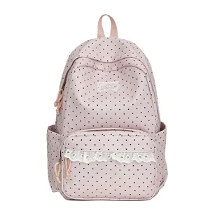Pink polka dot backpack with cute white lace trim, stylish school bookbag for teens.