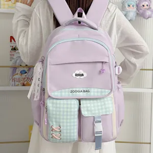 Joli sac à dos scolaire à carreaux violet pastel pour fille, grand sac d'étudiant élégant.