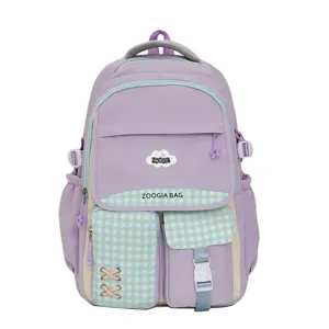 Joli sac à dos d'étudiant violet pastel avec poches à carreaux verts, grand sac pour filles.