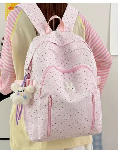 Cute polka dot rabbit school backpack detail, lightweight large capacity student bookbag.